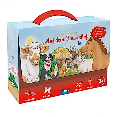 TRÖTSCH - Beschäftigungskoffer Mein bunter Koffer Auf dem Bauernhof | Koffer mit einem Spiel- und Malbuch, Stickerseiten und Minipostern | Ab 3 Jahren